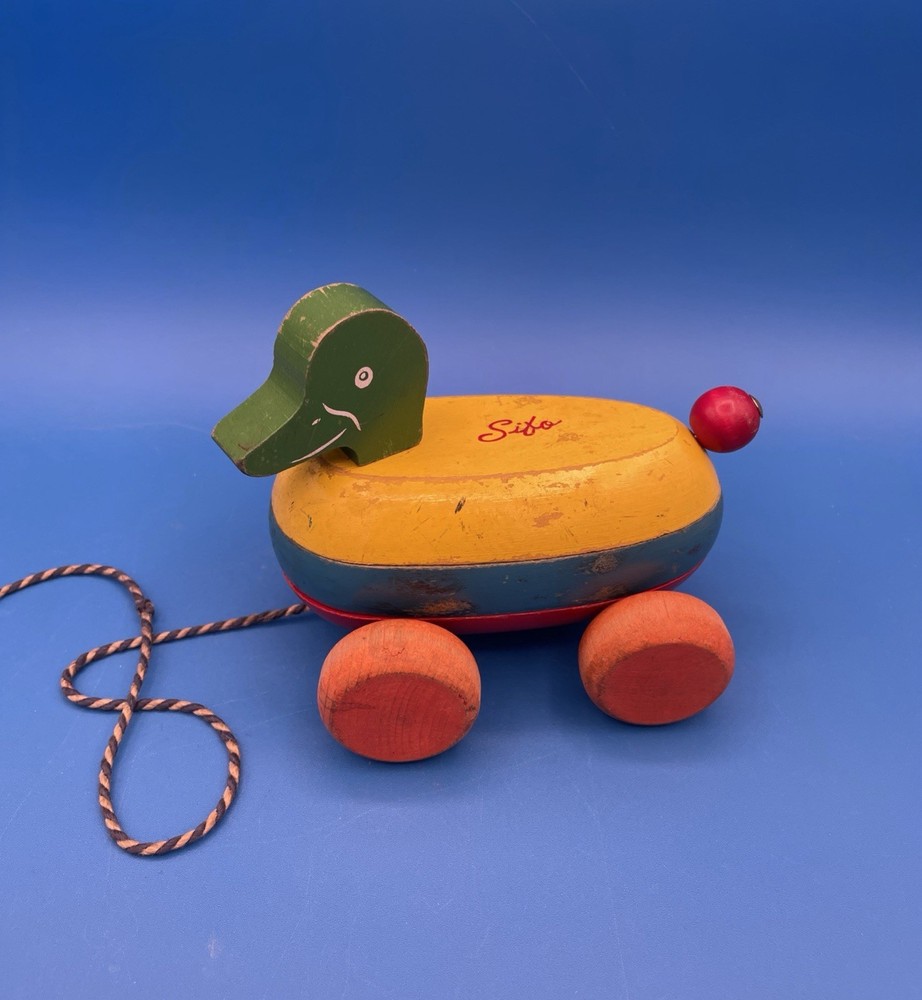 Vintage Stacking Toy Sifo String Pull Duck Wooden 1960’s Waddles when pulled