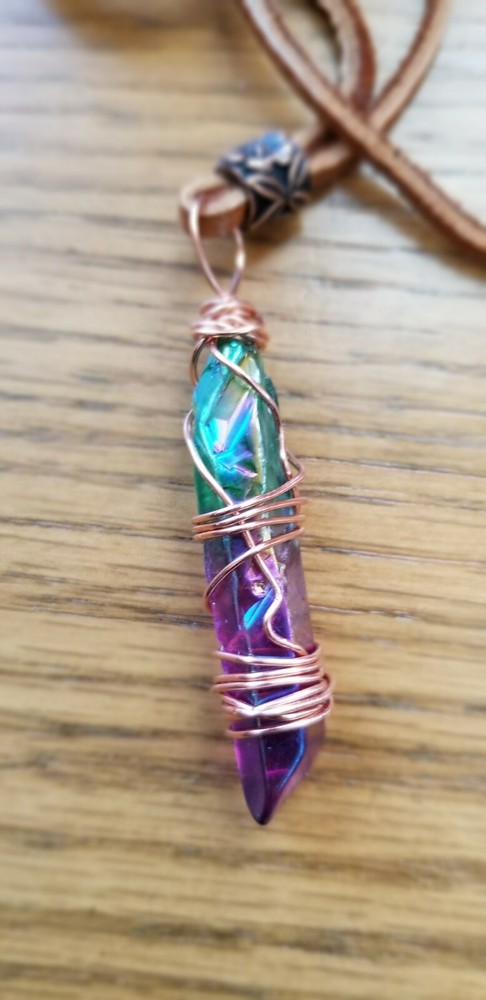 Rainbow Quartz Copper Wire Wrapped Pendant deer hyde lace adjustable