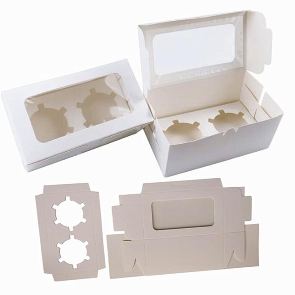 White Paper Cupcake Boxes Fits 2 Muffins Cookie Cupcake Containers with Clear...