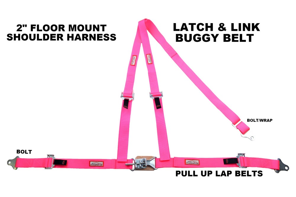 PINK 3 POINT RACE HARNESS 2" LATCH & LINK PULL UP LAP BELTS BOLT FLOOR MOUNT