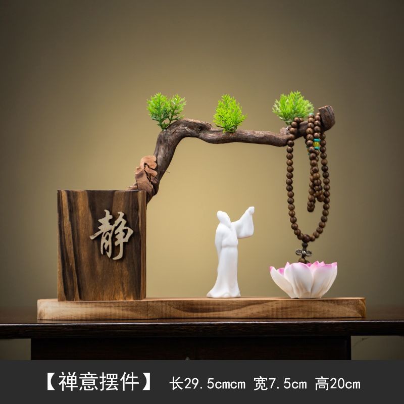 Zen Root Carving Pen Holder Buddha Study Decor Set Tea Table Display