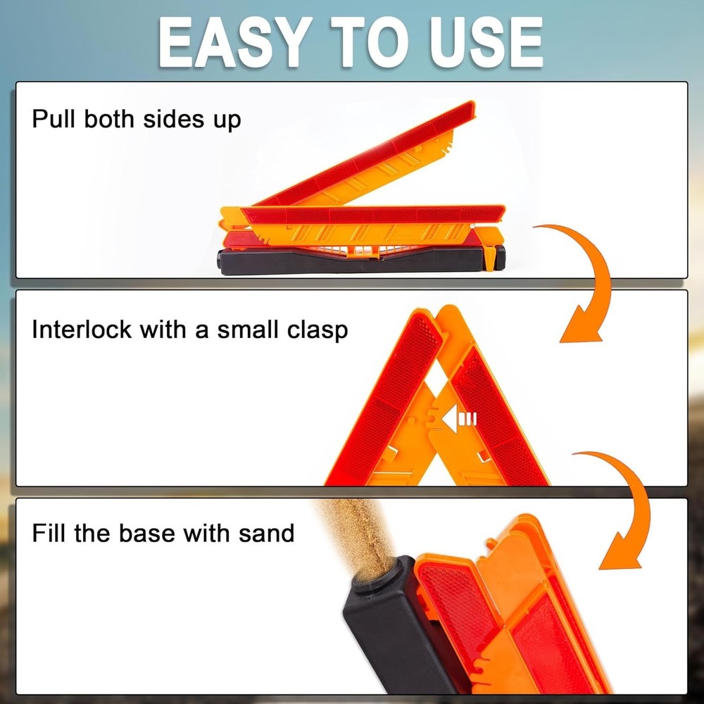 High Visibility 3 Pack Warning Triangles for Roadside Safety - Instant Alert