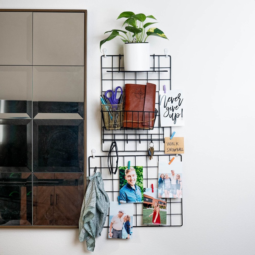2 Pack Wire Wall Grid Panel with Accessories | Includes Hanging Basket, Shelf...