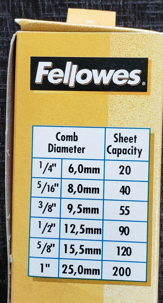 Fellowes 1/4" Plastic Binding Combs Hunter 25 Per Box 20 Sheets Cap 52344 NOS