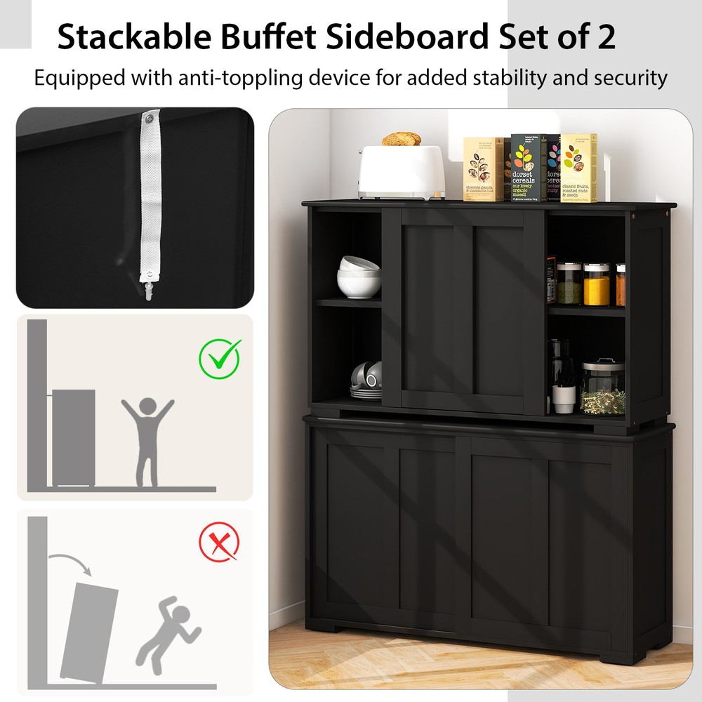 2PCS Stackable Buffet Sideboard w/ Sliding Doors & Adjustable Shelf Black