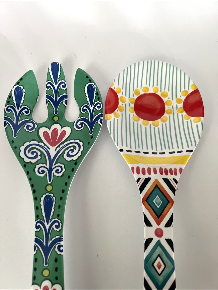 Pier 1 Melamine Salad Server Host Gift Fork & Spoon 2-pc Set Mixed Matched Fun !