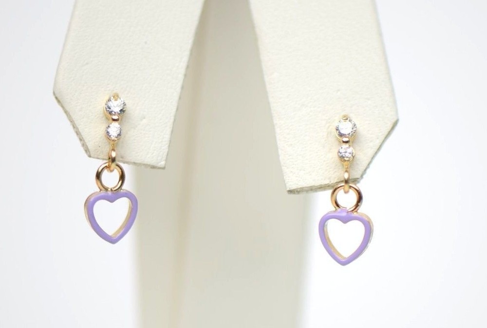 14K Solid Yellow Gold Heart Shape Dangle Earring with Enamel