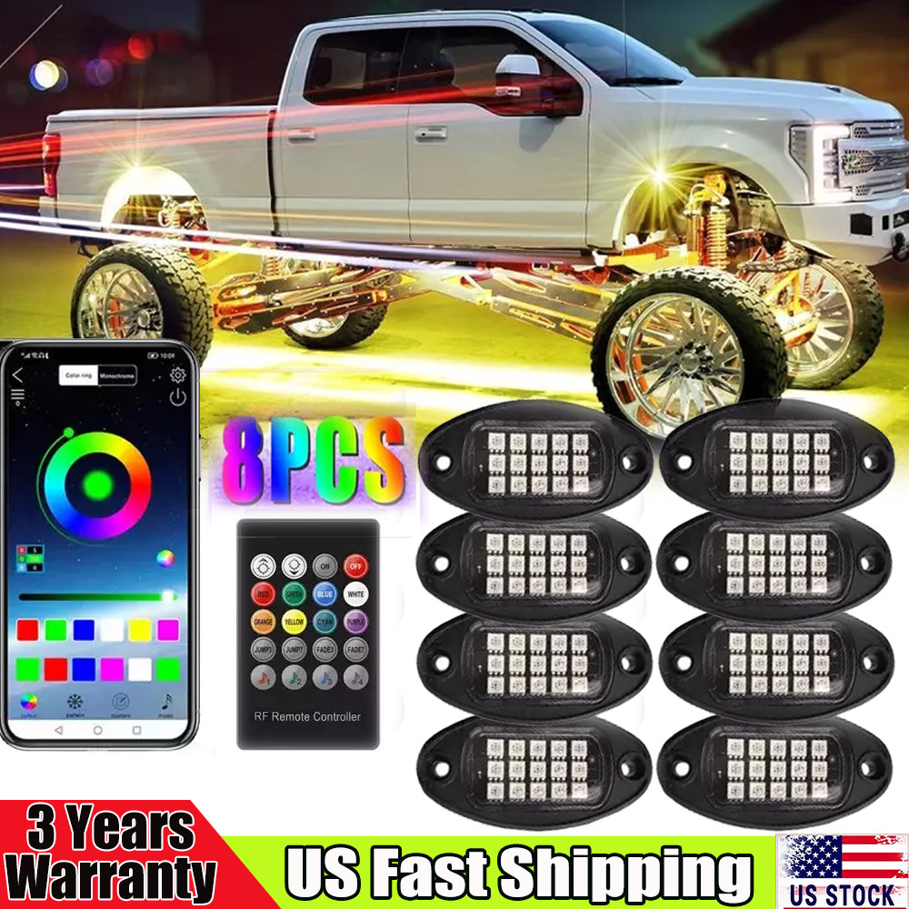 8Pods RGB LED Rock Lights Kit Underbody Light Bluetooth Underglow Remote Control