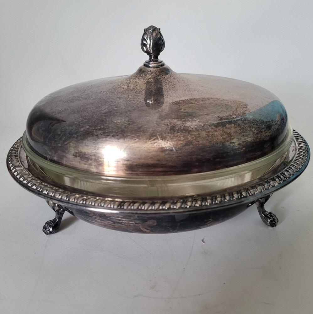 Vintage Sheffield Silver Plated Partitioned Dish w/ Glass Pyrex Insert dual Rare