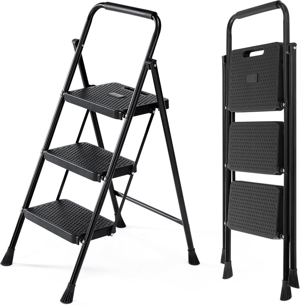 Step Ladder, 3 Step Stool Foldable with Anti-Slip Pedal & Comfortable Handrail,