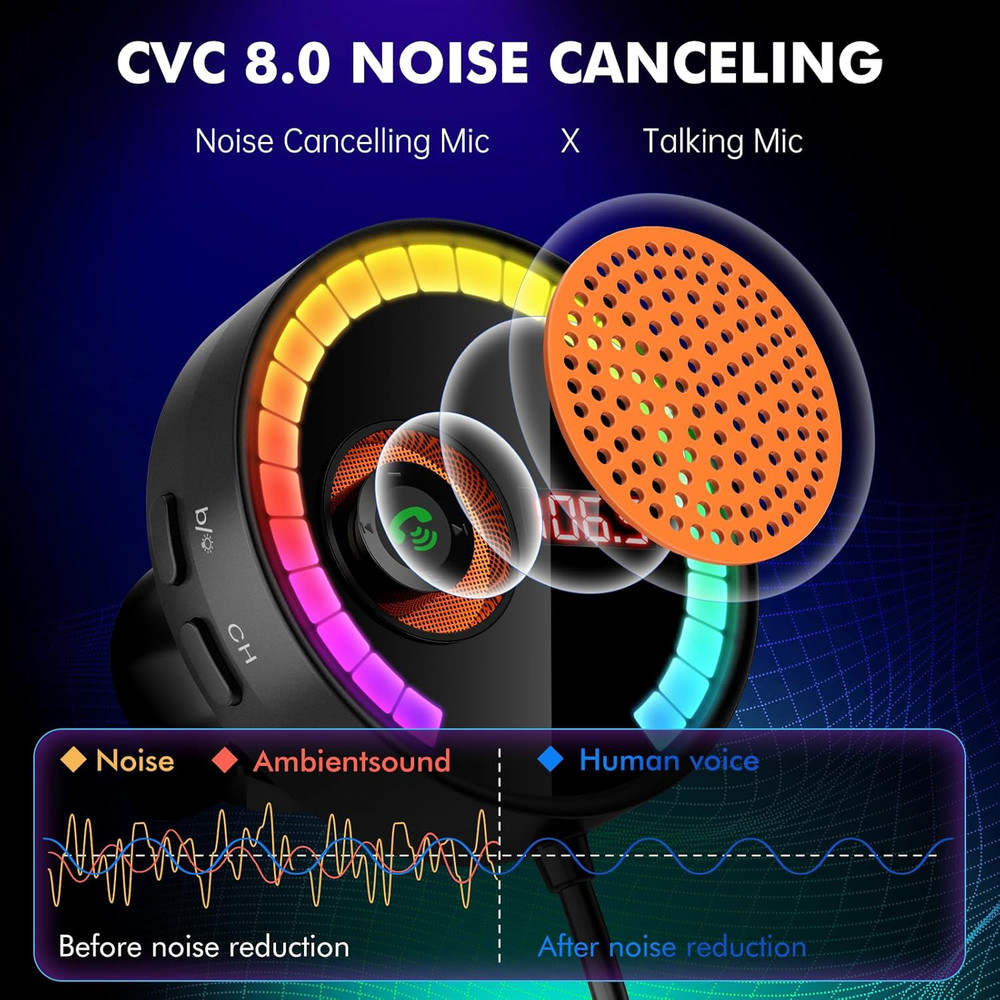 Car Bluetooth FM Transmitter, Wireless Radio Car Adapter 7 Colors LED Backlit