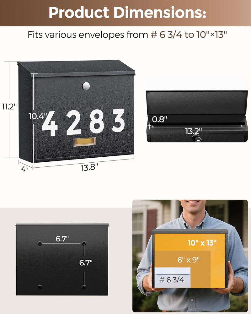 Locking Wall-Mount Mailbox for Outside, with 4 Keys, Galvanized Steel Rustproof