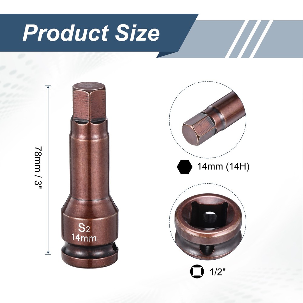 1/2" Drive Impact Hex Bit Socket 14mm S2 Steel 3" Length Hexagonal Socket