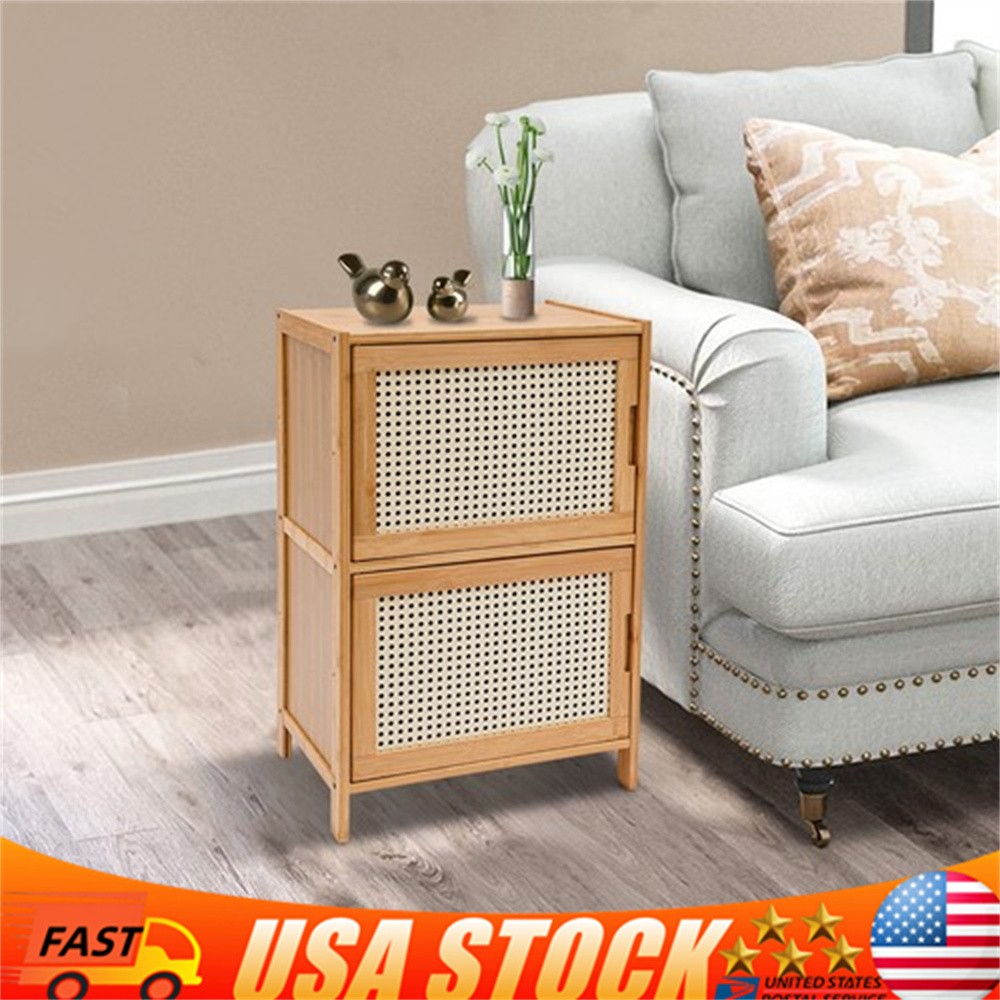 End Side Bedside Table Nightstand Sideboard w/ Rattan Decorated Drawers Storage