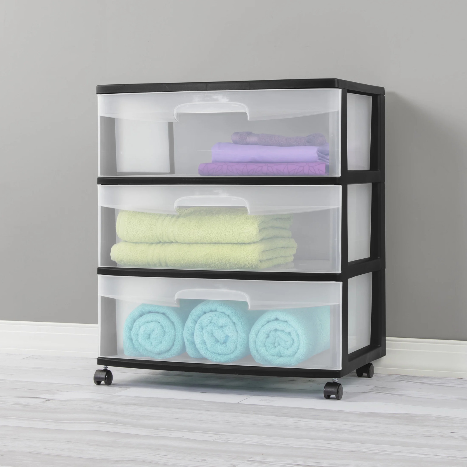 3 Drawer Wide Cart, Clear Plastic Storage Drawers, Wheels Included, Black