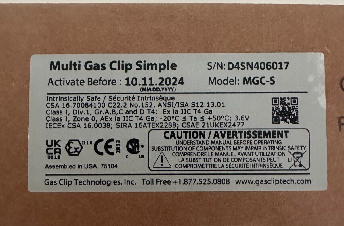 Gas Clip MGC-S Multi Gas Clip Simple, 4 Gas, 2 Year No Charge. 4 Way Gas Monitor