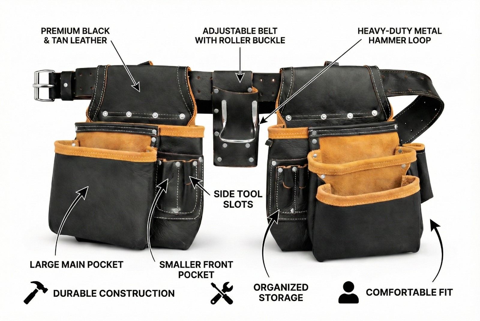 Full Grain Leather tool belts for men, Heavy-duty Carpenter Tool Rig organizer