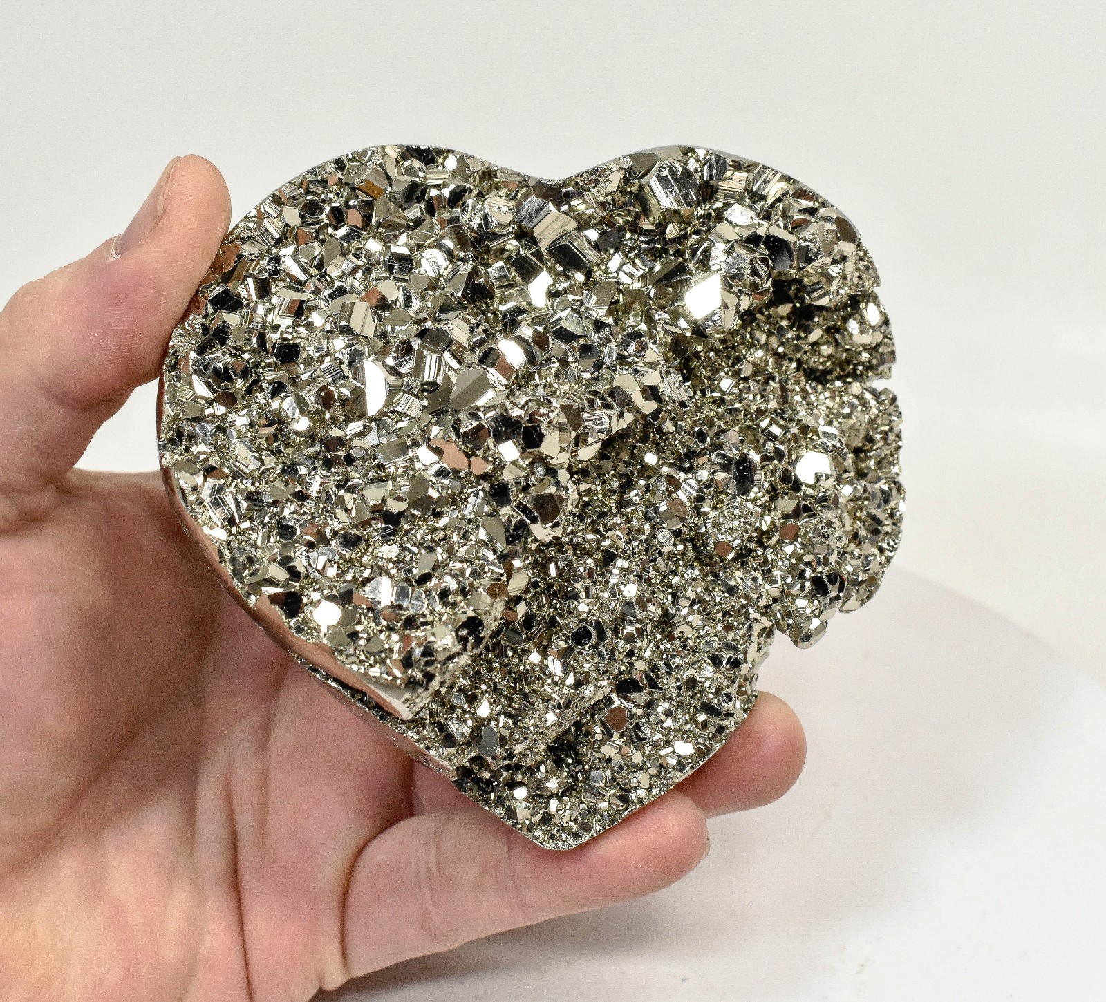 4.21" Polished PYRITE CRYSTAL HEART Carving Huanzala mine, Peru T707