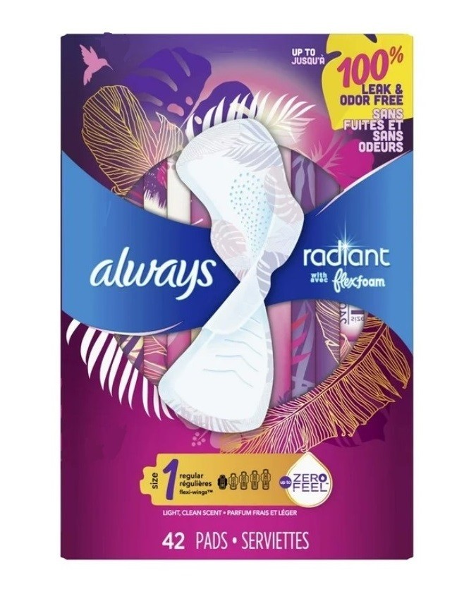 Always Radiant Scented Pads with Wings, Size 1, Regular Absorbency, 42 Ct