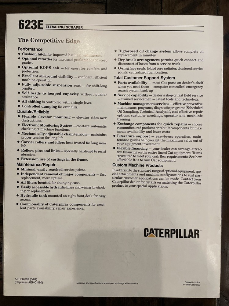 Caterpillar 623E Elevating Scraper Brochure ‘89
