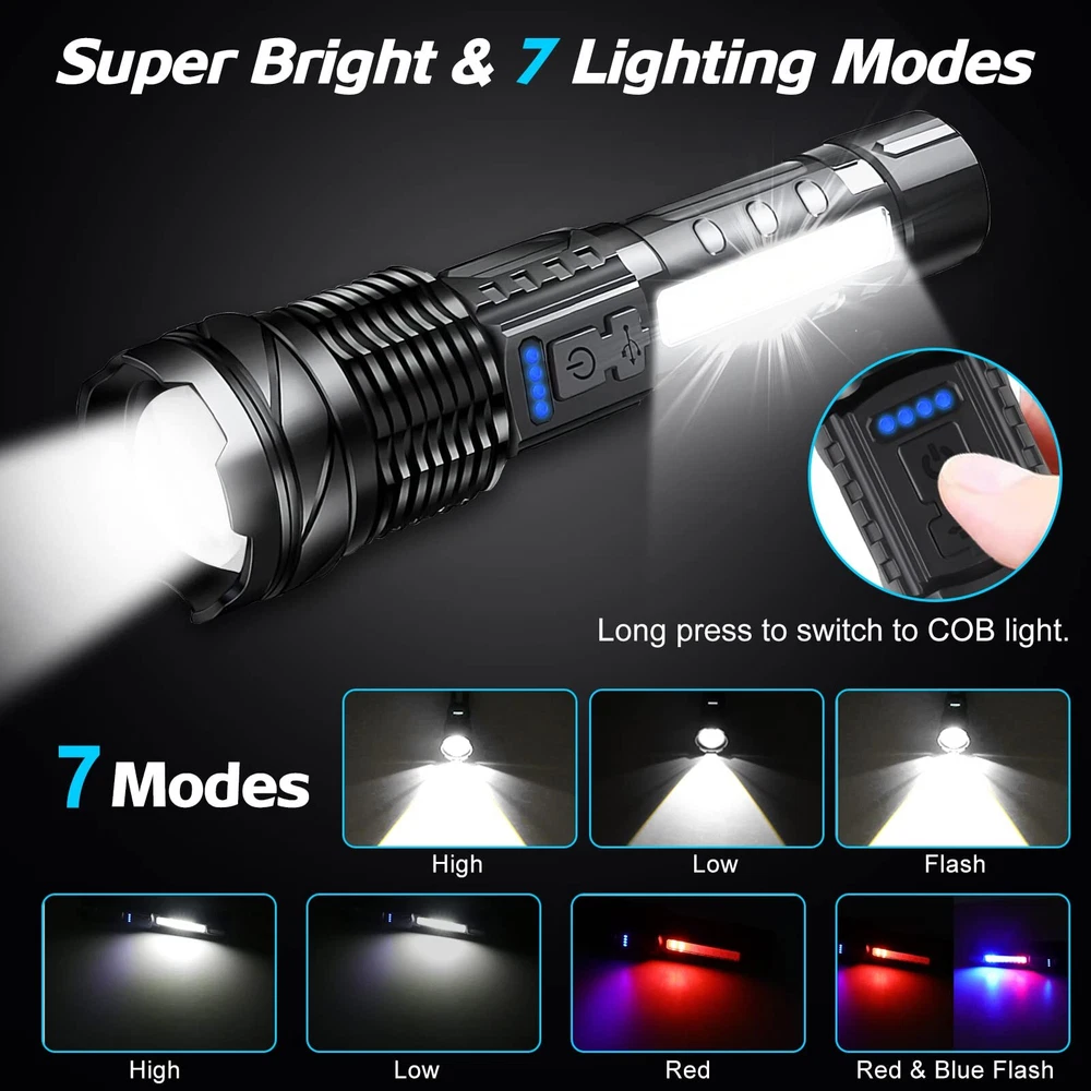 15000000LM Super Bright Flashlights High Lumens Rechargeable 7 Modes LED Flash