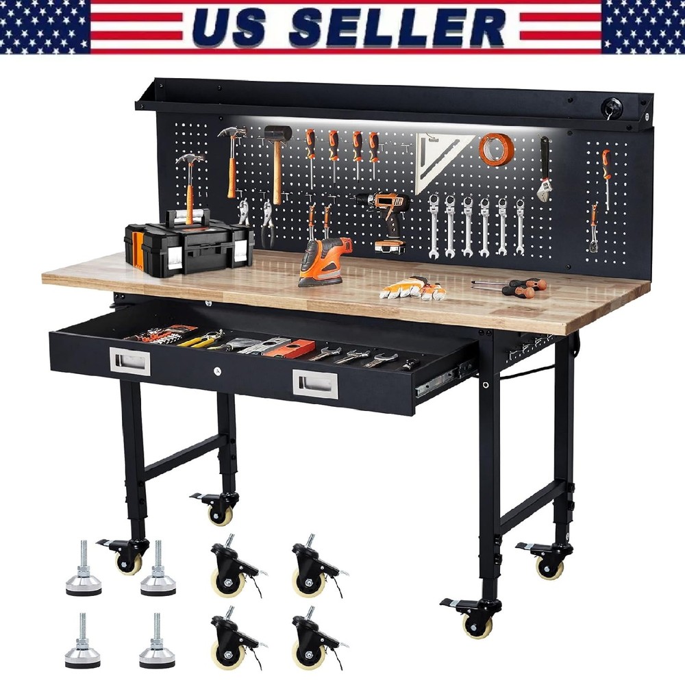 60" Heavy Duty Workbench ,Garage Work Table w/ Pegboard & Power Outlets ,Drawer