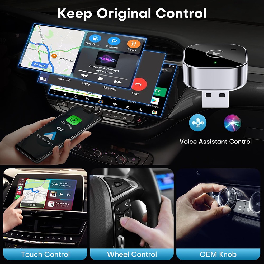 Wireless CarPlay Adapter for Apple iPhone & Android Auto USB Adapter Plug & Play