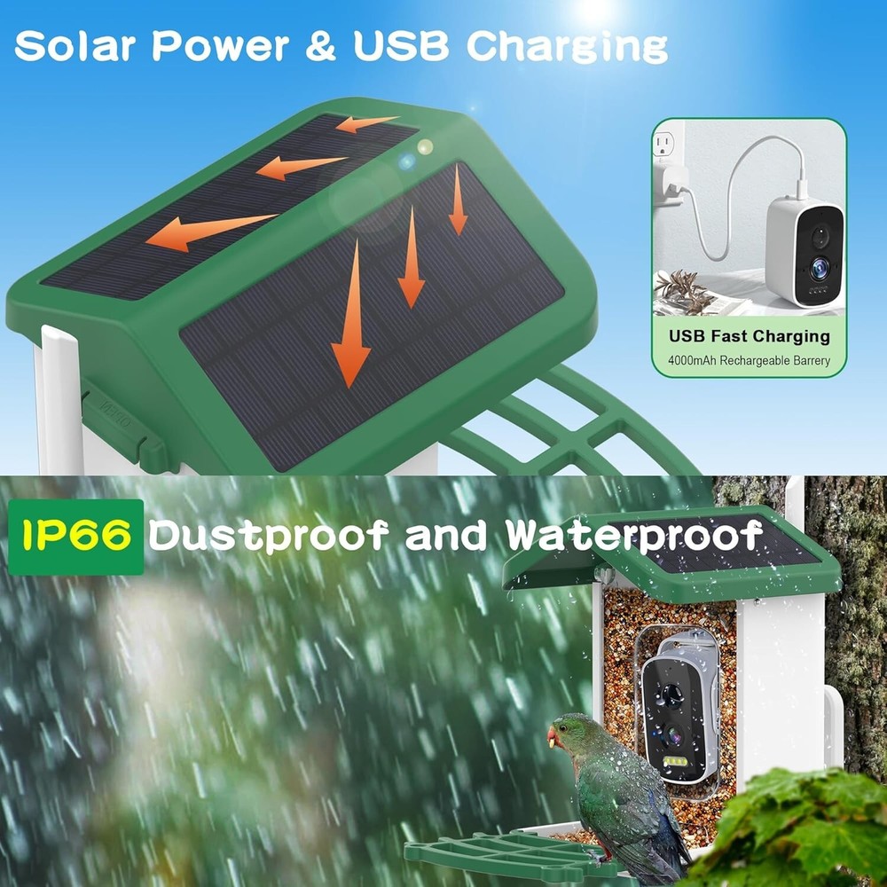 Smart AI Bird Feeder Solar-Powered Camera Auto Identifier Live View Weatherproof