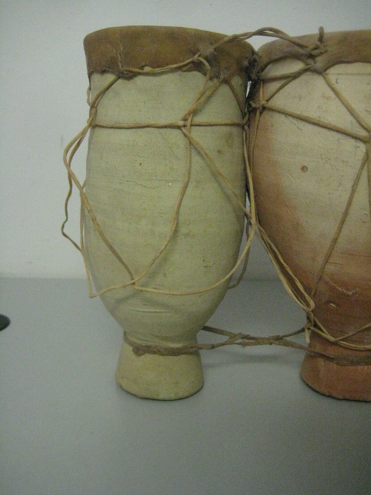 Vintage Terracotta Clay & Hide Double Bongo Drum Rustic Primitive Folk Art