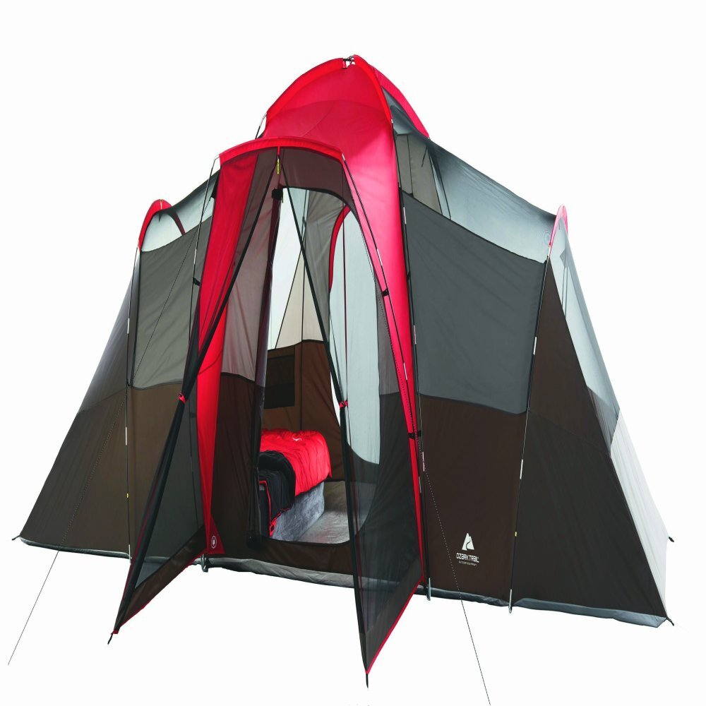 Large Outdoor Camping Tent, 10-Person 3-Room Cabin Screen Porch Waterproof Red