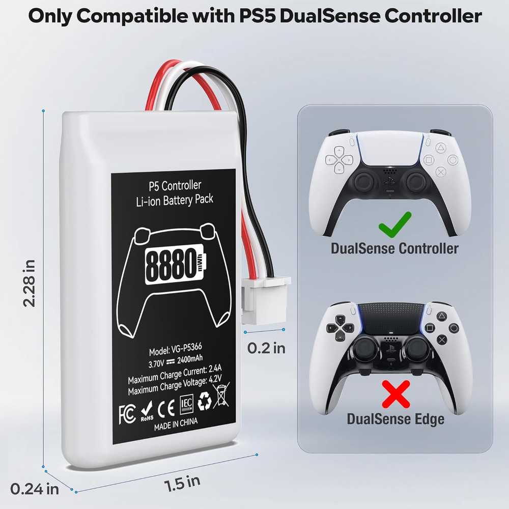 PS5 Controller Battery with 2 Packs x 8880mWh High Capacity PS5 Controller Batt