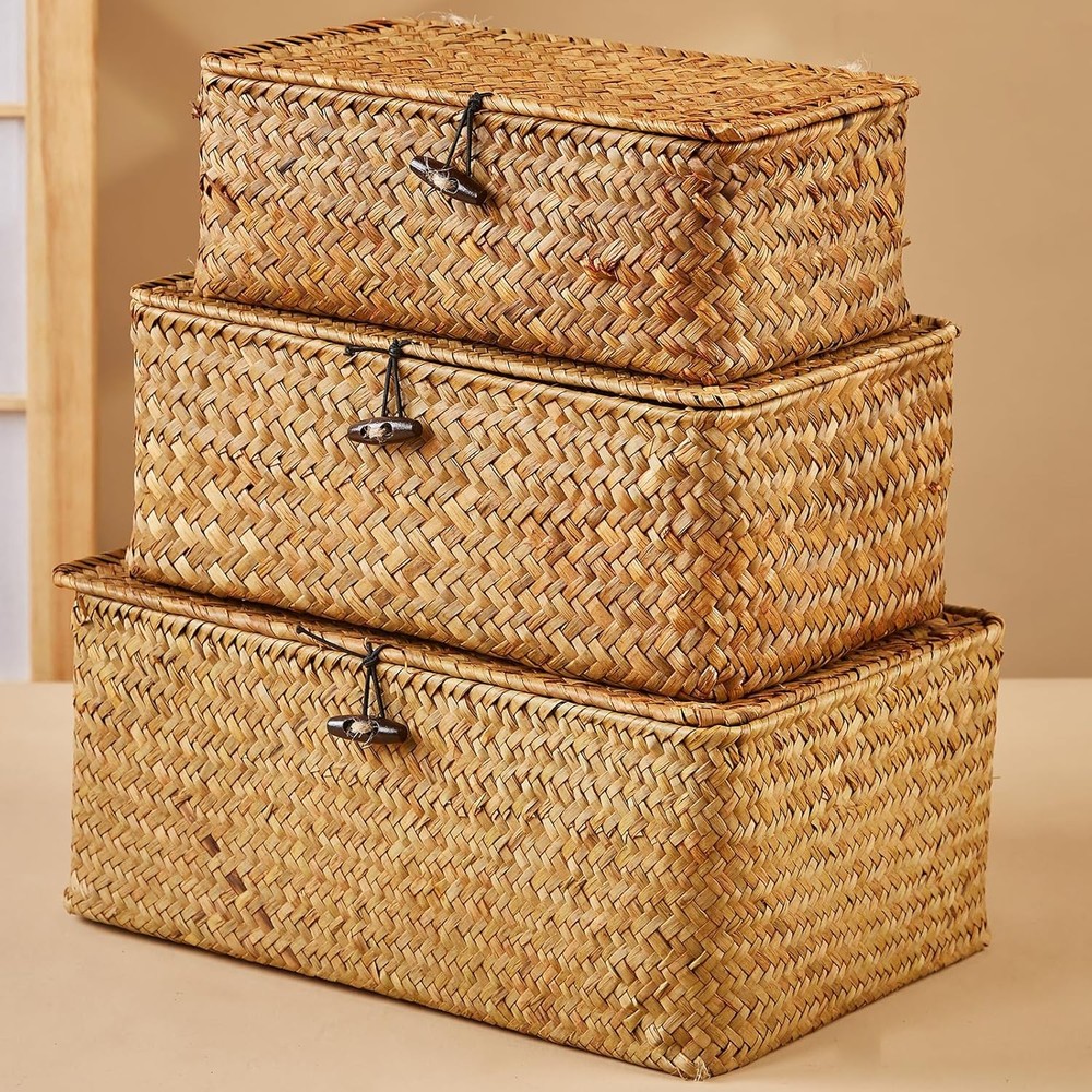 3pcs Handcrafted Storage Boxes Natural Seagrass Rectangular Basket Organizer Set