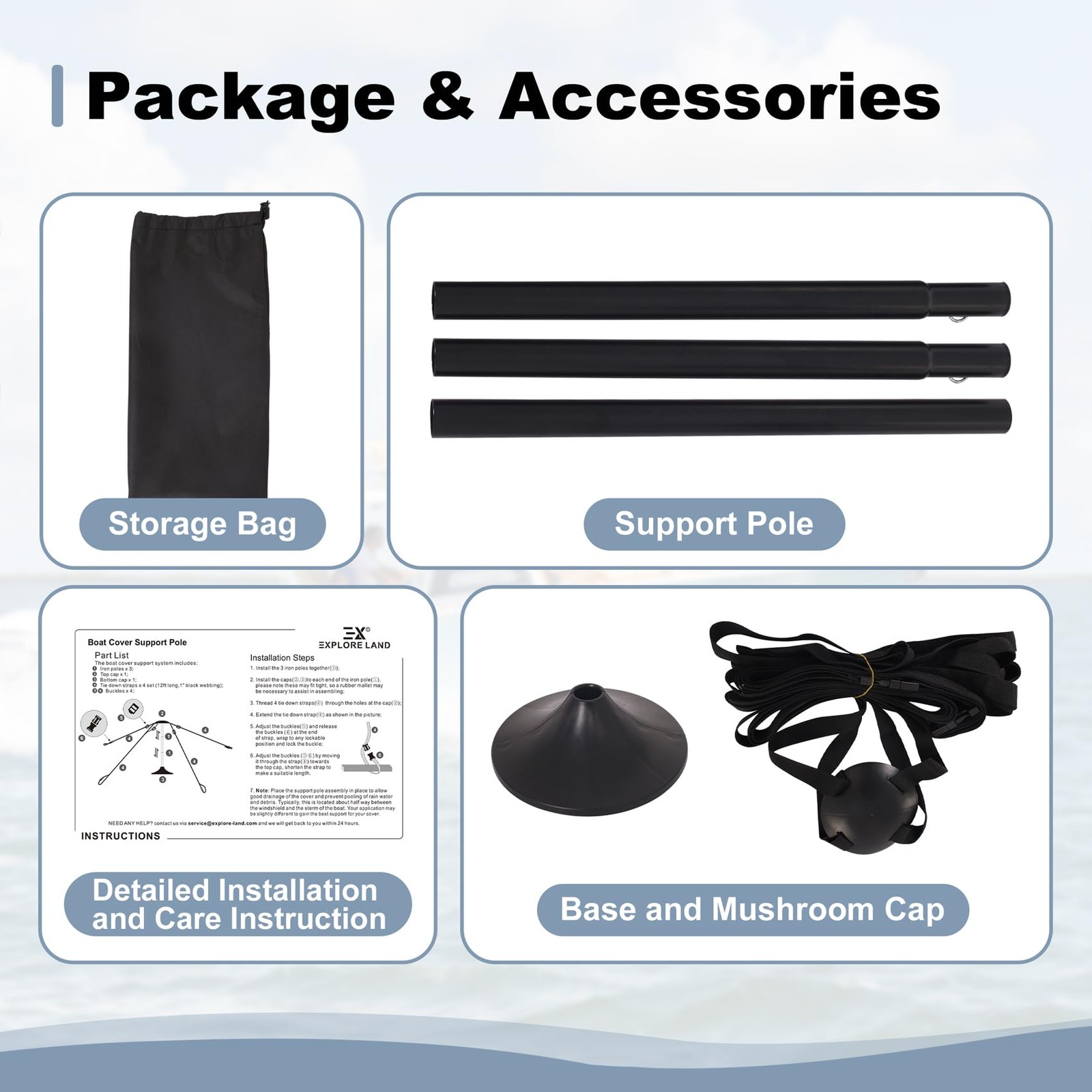 Explore Land Adjustable Boat Cover Support Pole 3 Pieces Pole, Black