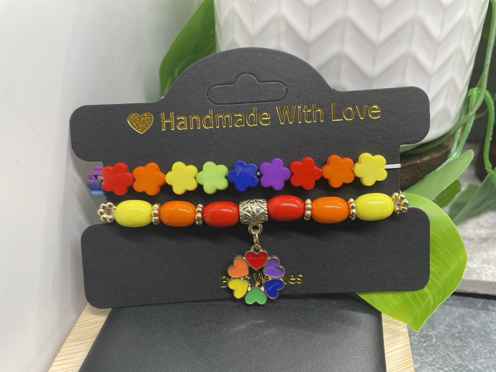 2 PC Handmade Rainbow Beaded Stackable 7” Plus Stretch Bracelet Set New B4858