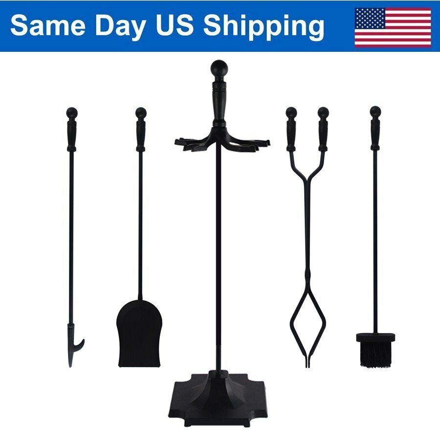 5 Pcs Fireplace Tools Set Wrought Iron Fire Place Accessories Tools Holder Black