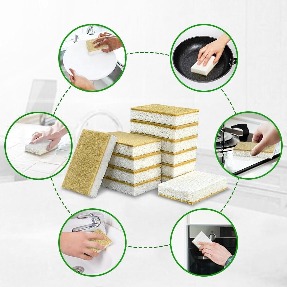 Biodegradable Natural Kitchen Sponge 12Pk Compostable Cellulose Coconut Scrubber