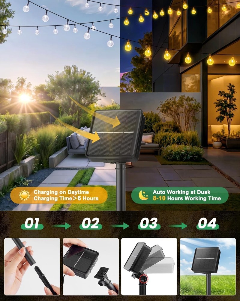 2 Pack Solar String Lights 36.5FT 60LED Waterproof 8 Modes Warm White Outdoor