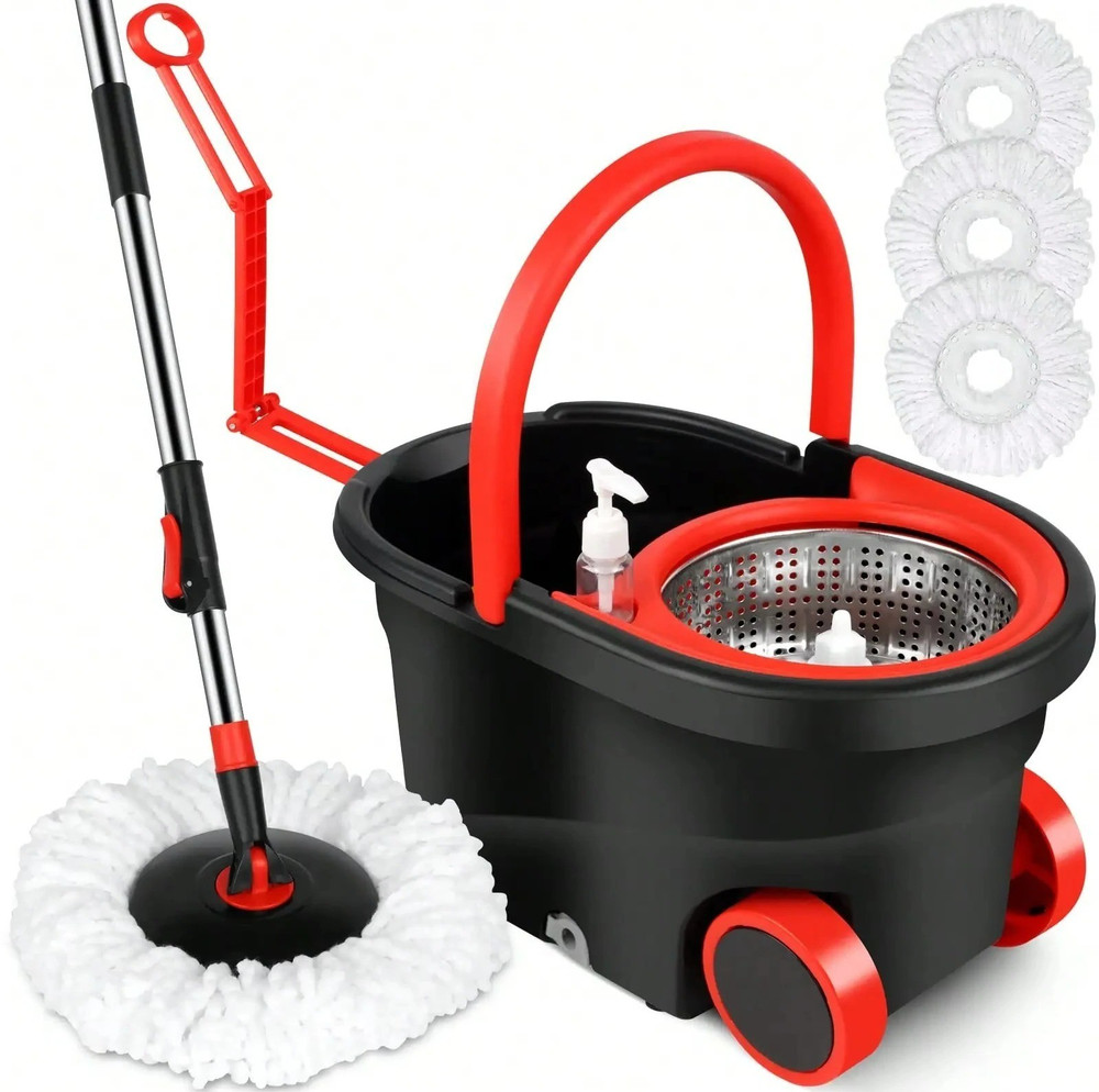 Heavy Duty Rolling Spin Mop Bucket Set Wringer 3 Heads Adjustable Handle HomeUse