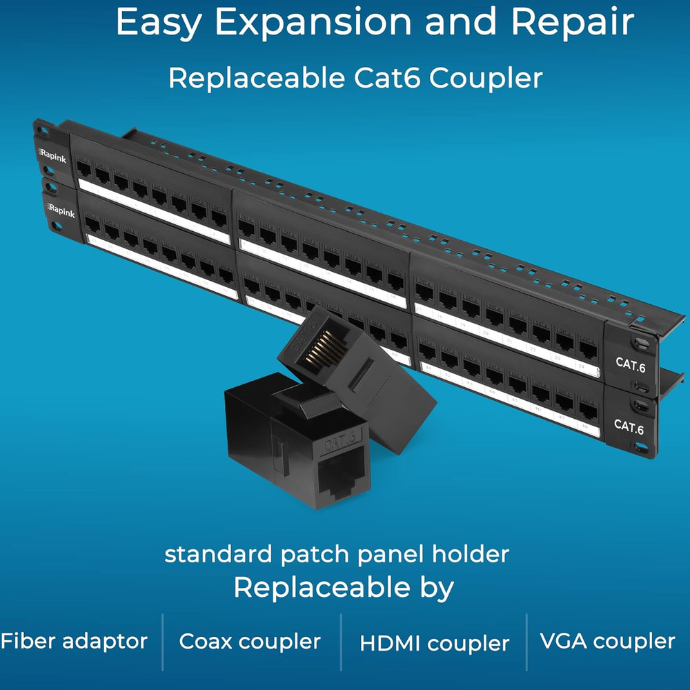 48 Port Cat6 Patch Panel with Inline Keystone 10G Support, Pass-Thru Coupler