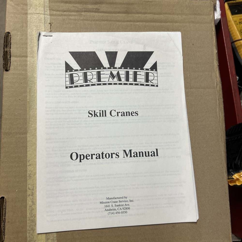 PREMIER  SKILL  CRANE  arcade game owners manual