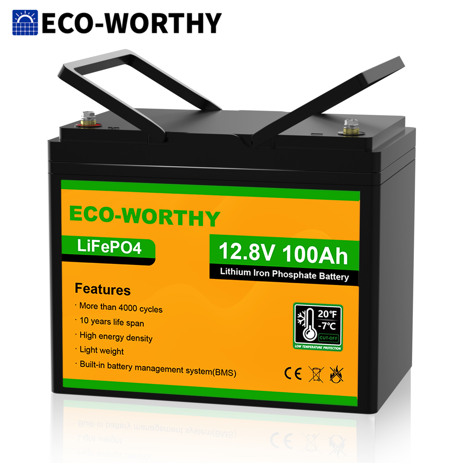 ECO-WORTHY 12V 100AH 1280Wh LiFePO4 Lithium Battery Low-Temp For RV Solar Panel