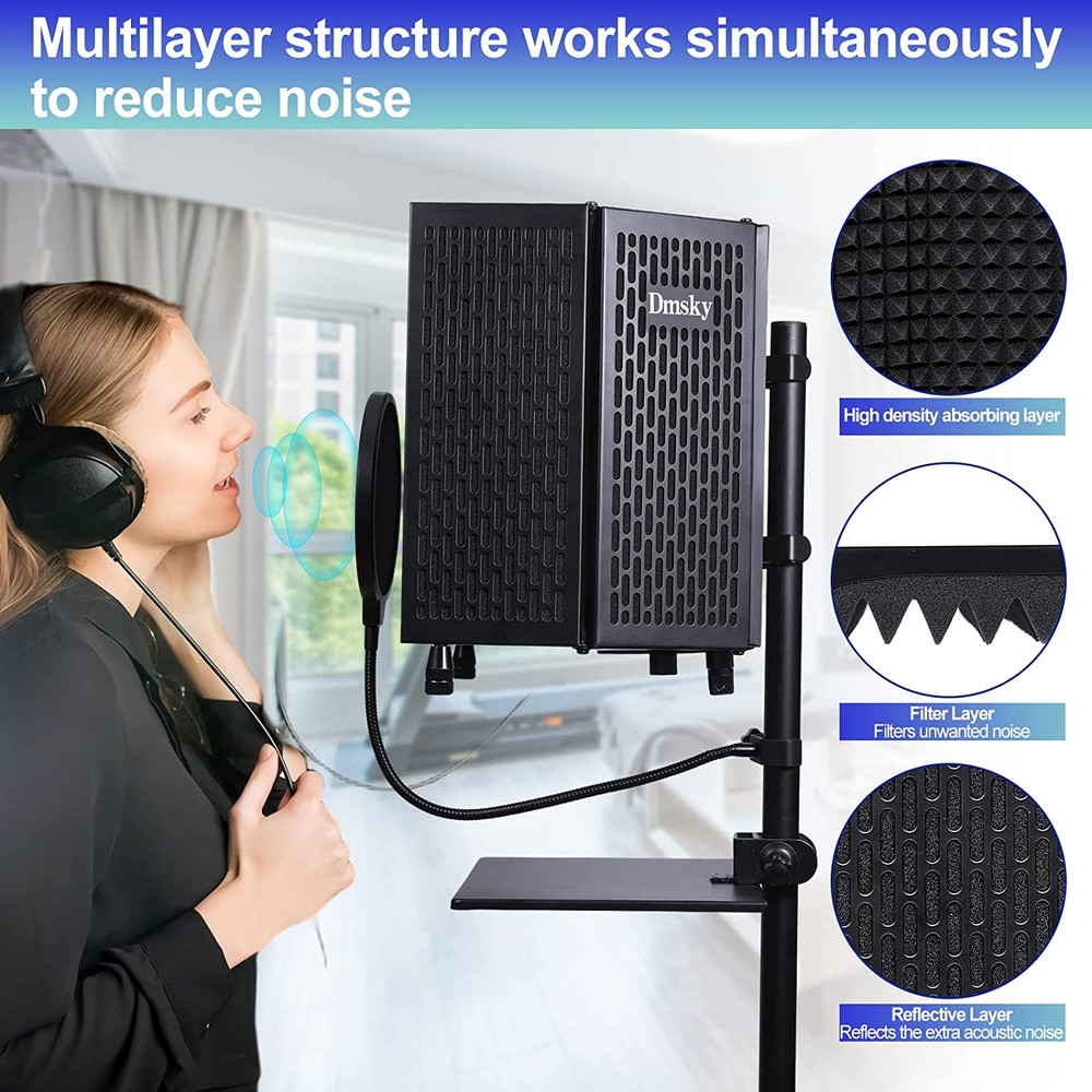 Microphone Isolation Shield with Pop Filter & Tripod Stand, Foldable Mic Shield