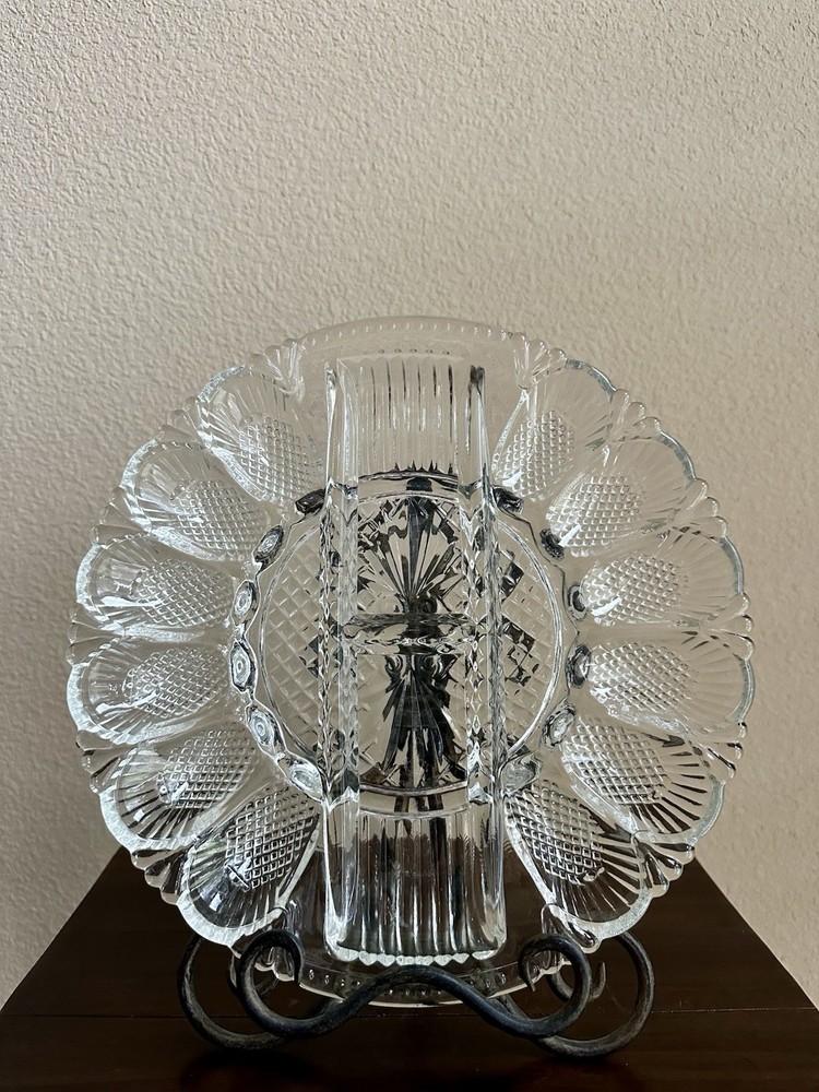 Vintage L.E. Smith Glass Deviled Egg & Relish Plate w/ Pineapple Pattern-EUC