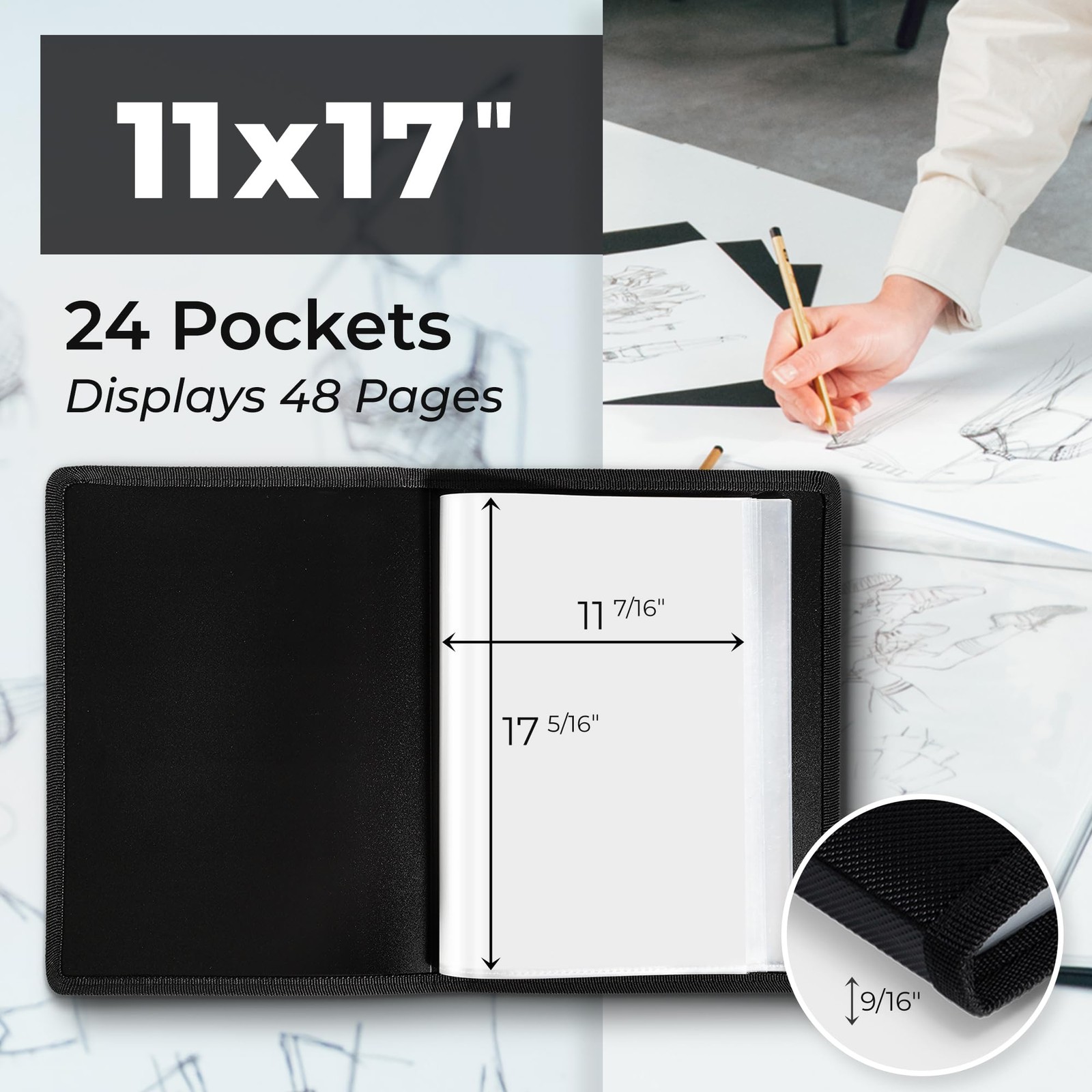 Dunwell 11x17 Art Portfolio Binder with Black Mounting Paper (Black), Large P...