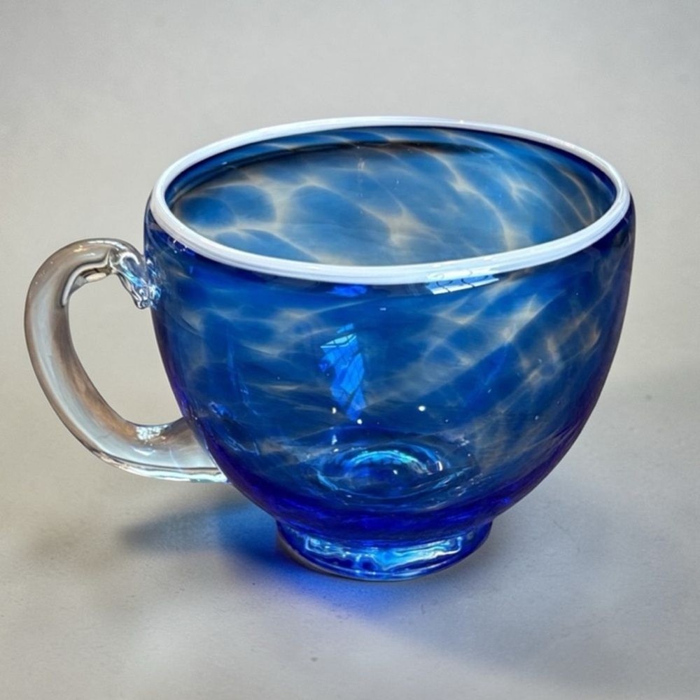 Blue Swirled Large Glass Mug with Handle 4.5”H