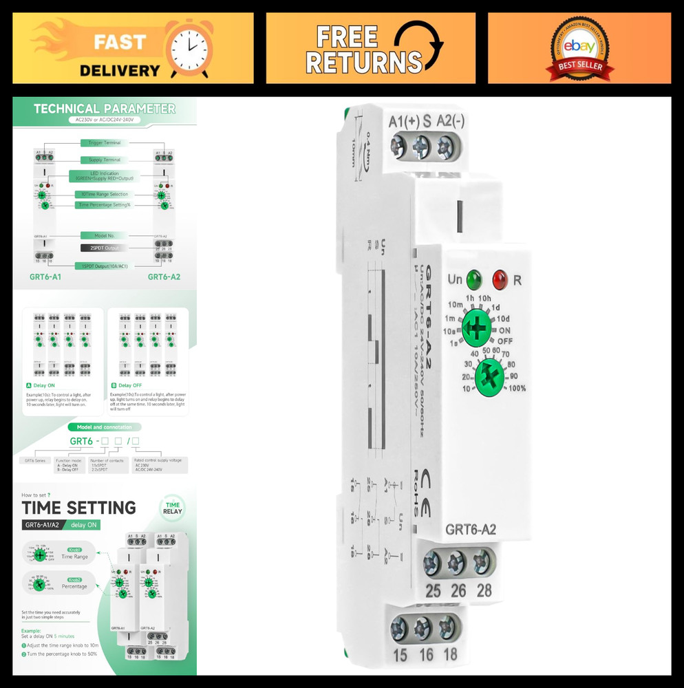 Adjustable Delay On Timer Relay 10A, Smart Electronic Timer for Din Rail, 0.1s-1