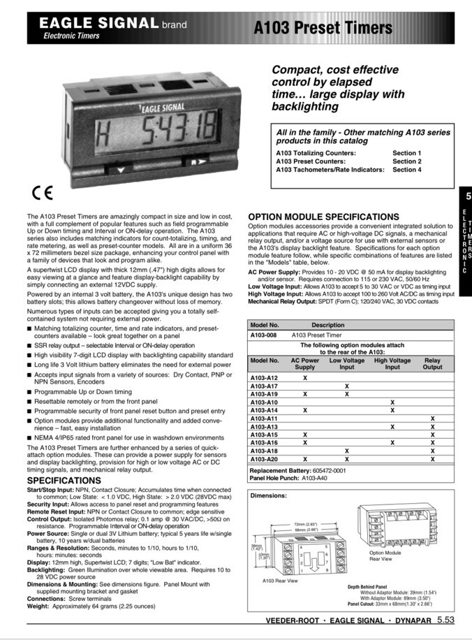 Eagle Signal A103-008 Panel Mount Timer Elapsed Time Indicator A103 Timer