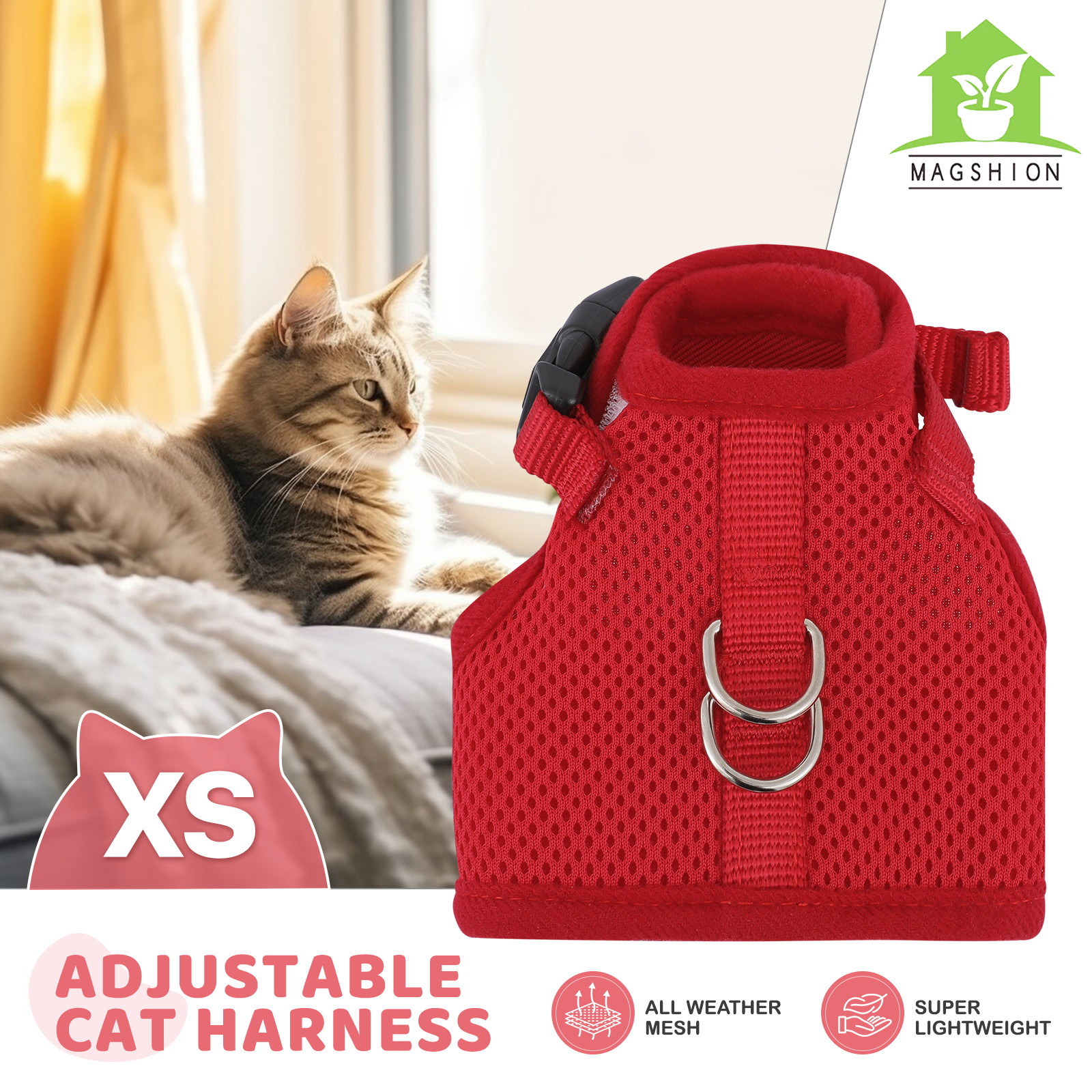 Escape Proof Cat Harness Mesh Adjustable Kitten Vest Reflective Red w/D-rings