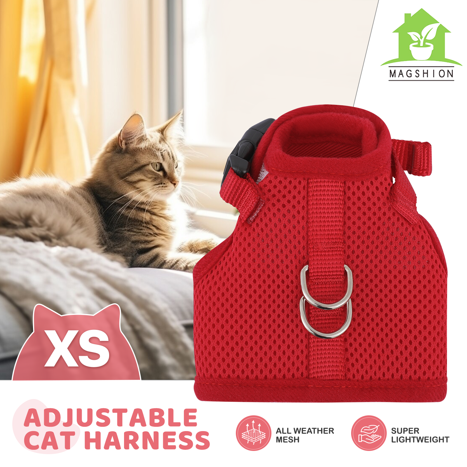 Escape Proof Cat Harness Mesh Adjustable Kitten Vest Reflective Red w/D-rings
