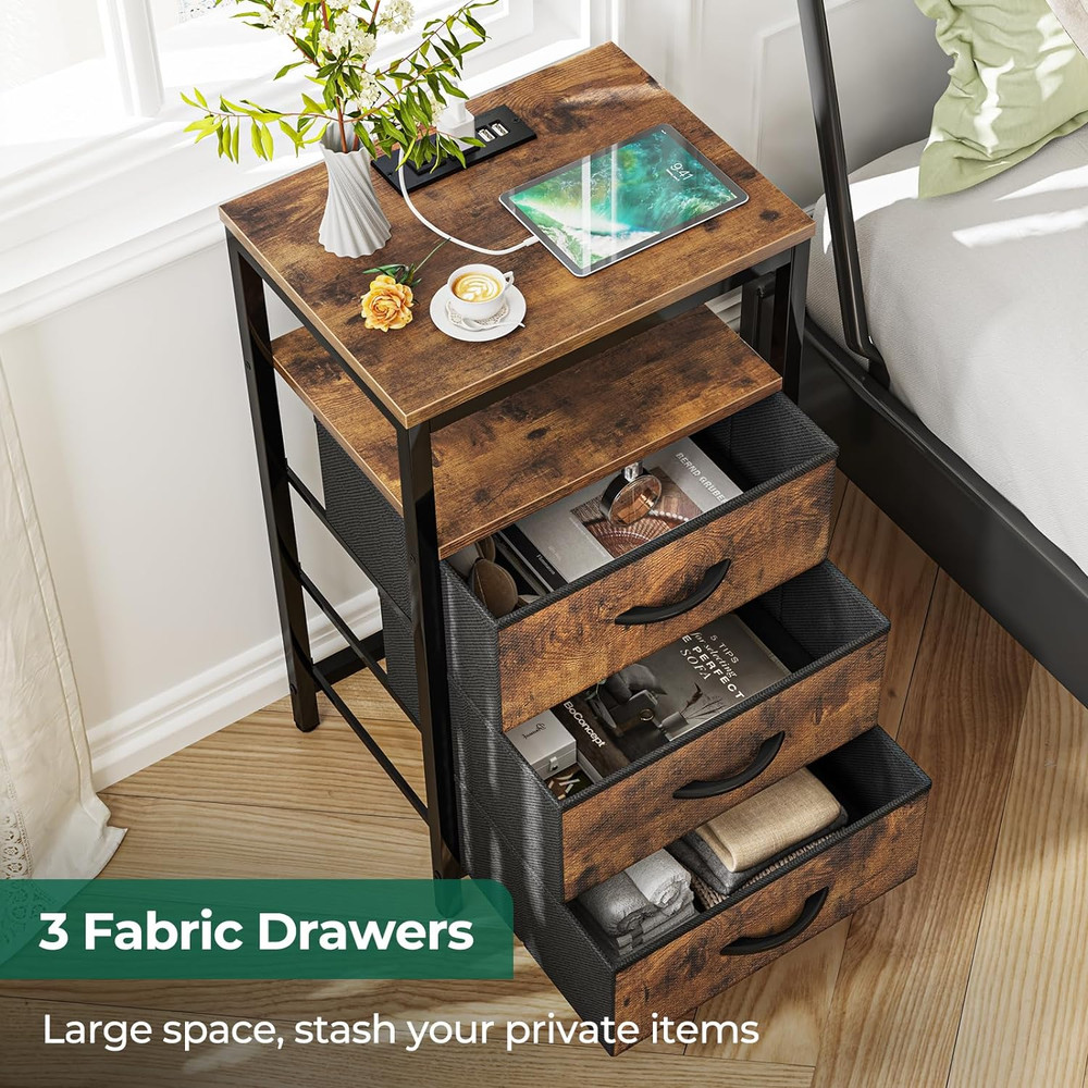 Rustic Brown Nightstand, Charging Station, Bedside Table w/ 3 Fabric Drawers